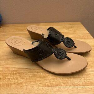 Jack Rogers Demi Wedge Thongs Sandals Black Leather Sz 10